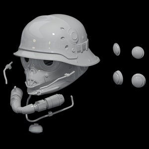 May include: A white plastic model of a helmet with a face mask and a headset. The helmet has a visor and a chin strap. The headset has a microphone and a speaker. The model is disassembled into several pieces, including the helmet, the face mask, the headset, and the chin strap.