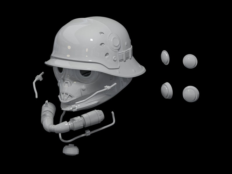 May include: A white plastic model of a helmet with a face mask and a headset. The helmet has a visor and a chin strap. The headset has a microphone and a speaker. The model is disassembled into several pieces, including the helmet, the face mask, the headset, and the chin strap.