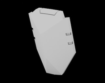May include: A white, geometrically shaped shield with two small, rectangular cutouts on the right side.