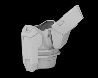 May include: A white plastic model of a futuristic chest piece with a hinged panel on the right side. The panel is open and reveals a detailed interior.