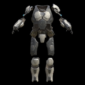 May include: A disassembled, futuristic-looking suit of armor. The armor is primarily gray and white with black accents. The pieces include chest, shoulder, arm, and leg components, all with a metallic appearance. The design suggests a science fiction or military theme.