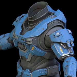 Puede incluir: Vista detallada de un traje blindado futurista azul y gris. El traje presenta intrincados paneles, detalles metálicos y un cuello con una cadena. El diseño sugiere un tema de ciencia ficción o de juegos.