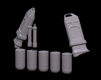 May include: Five gray cylindrical containers with a textured surface and a gray, rectangular container with a handle and a hook. The container has a textured surface and a rectangular opening.
