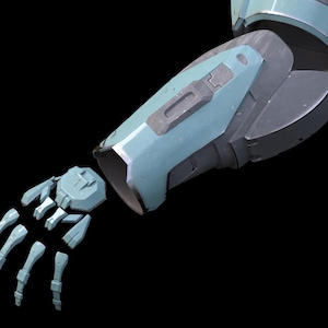 Puede incluir: Un brazo robótico en tonos turquesa y gris, con dedos articulados. El brazo está segmentado, con articulaciones y paneles visibles, lo que sugiere un diseño mecánico o futurista. El fondo es negro sólido.