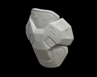 May include: A white, plastic knee pad with a textured, geometric design. The pad has a rounded top and a flat bottom.