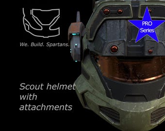 May include: A detailed image of a green and black Scout helmet with attachments. The helmet has a visor and is labeled "PRO Series" with a blue star. Text on the image reads "We. Build. Spartans."