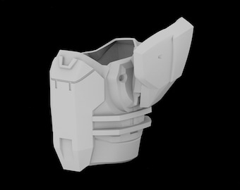 May include: A white plastic 3D printed model of a futuristic chest piece armor with a hinged panel.