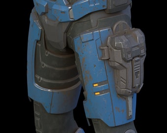 May include: Close-up of a blue and gray armored leg with a black strap and a gray and black utility pouch. The armor has a worn, weathered look with rust-colored stains.