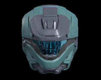May include: A teal and gray helmet with a blue visor. The helmet has a futuristic design and is made of a hard plastic material.