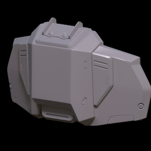 May include: A gray, 3D-printed model of a futuristic, geometrically-shaped object with a series of ridges and grooves. The object has a smooth, matte finish.