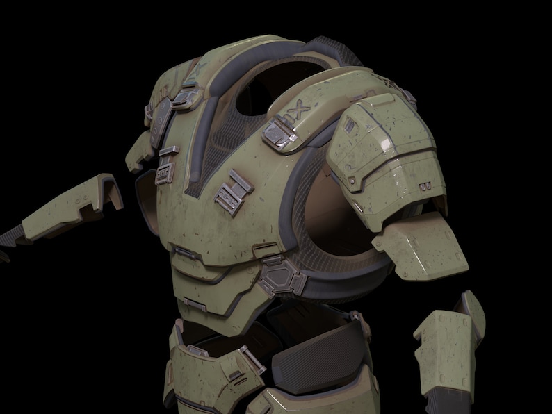 May include: A green and black futuristic armor set with multiple pieces, including a chest plate, shoulder pads, and arm guards. The armor has a worn and weathered look, suggesting it has been used in battle.