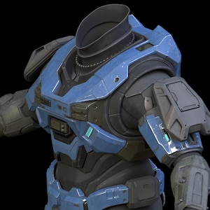 Puede incluir: Vista detallada de una armadura futurista azul y gris, que muestra intrincados paneles y un diseño elegante. La armadura presenta un cuello, hombreras y componentes de brazo, todos con un brillo metálico. La estética general sugiere un tema de ciencia ficción o juegos.