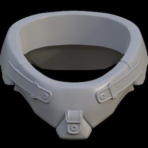 May include: A gray, 3D-printed, futuristic-style collar with a buckle and two straps. The collar has a smooth, rounded surface and a slightly textured design.
