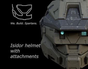 May include: A close-up of a gray and green Isidor helmet with attachments. The helmet has a futuristic design with visible details and a textured surface. The text "We. Build. Spartans." and "Isidor helmet with attachments" are also visible.