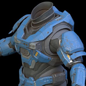 May include: A blue and gray futuristic-style armor suit with a helmet. The armor has a weathered look with visible scratches and wear.