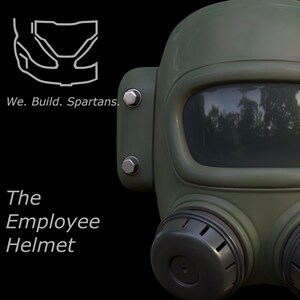 May include: A green gas mask with a clear visor and two round air filters. The text "The Employee Helmet" is written below the mask.