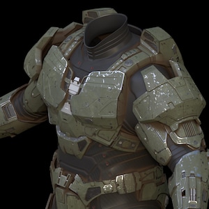 Puede incluir: Un traje de armadura de estilo militar verde y negro con una superficie texturizada. El traje tiene un casco, una placa de pecho y hombreras.