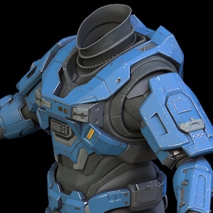 Puede incluir: Una detallada armadura futurista azul y gris. La armadura presenta un cuello alto, hombreras y un revestimiento segmentado. El diseño incluye detalles metálicos y un fondo oscuro, lo que sugiere un tema de ciencia ficción o cosplay.