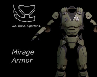 May include: Green and black armor with a futuristic design. The armor is labeled "Mirage Armor". The text "We. Build. Spartans." is also visible in the image.