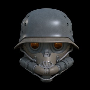 May include: A futuristic helmet with a gas mask and glowing orange eyes. The helmet is made of metal and has a dark gray finish.