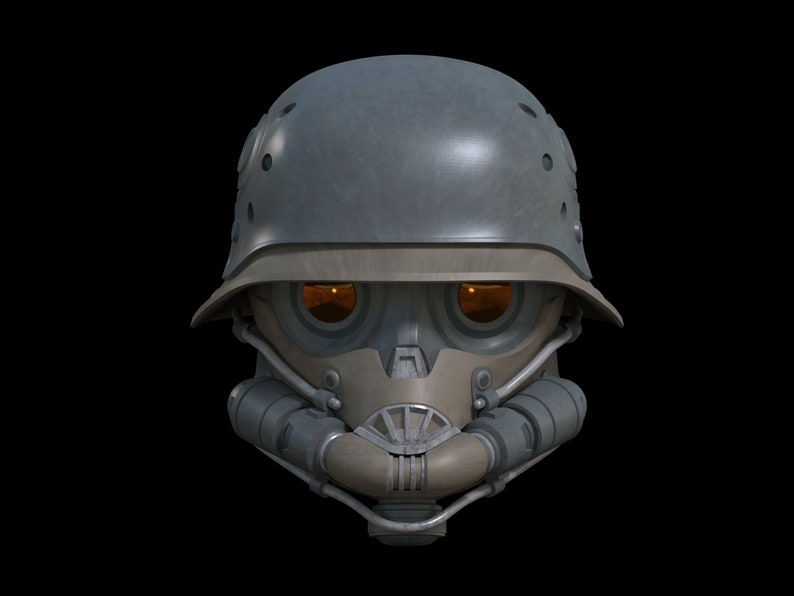 May include: A futuristic helmet with a gas mask and glowing orange eyes. The helmet is made of metal and has a dark gray finish.