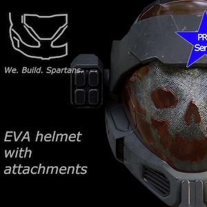 May include: Detailed image of an EVA helmet with attachments, featuring a skull-like design on the faceplate. The helmet is gray and brown with a blue star that says "PRO Series". Text on the image reads "We. Build. Spartans" and "EVA helmet with attachments".