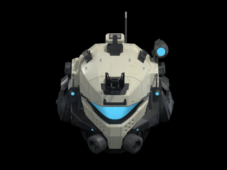 Peut inclure: Une t&ecirc;te robotique futuriste, blanc cass&eacute; et noire, avec des accents bleus lumineux. La conception pr&eacute;sente un agencement complexe de panneaux, d'a&eacute;rations et d'une antenne pro&eacute;minente, sur fond noir. L'esth&eacute;tique g&eacute;n&eacute;rale sugg&egrave;re un th&egrave;me de science-fiction ou technologique.