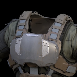 May include: A close-up of a tactical vest with a gray metal chest plate and brown straps. The vest is worn over a green shirt.