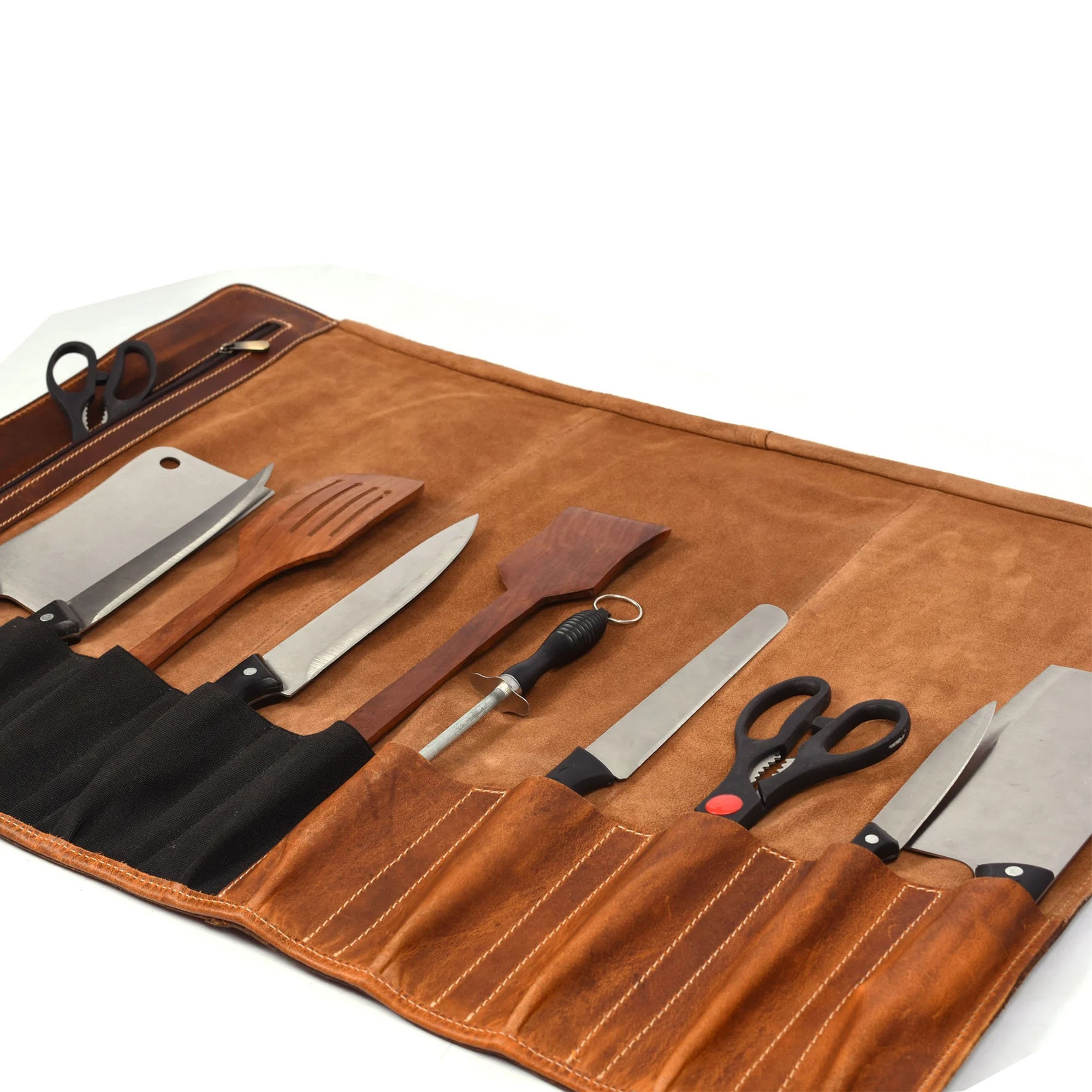Leather Knife Roll for Chef Stress Brown, 10 Slot Customized Monogram