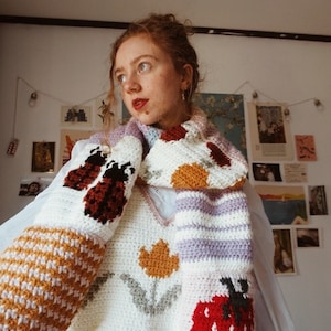 CROCHET PATTERN: Cottagecore Scarf Crochet Pattern 14 patchwork crochet square patterns, scarf, blanket, pillow Digital Download Pattern image 1