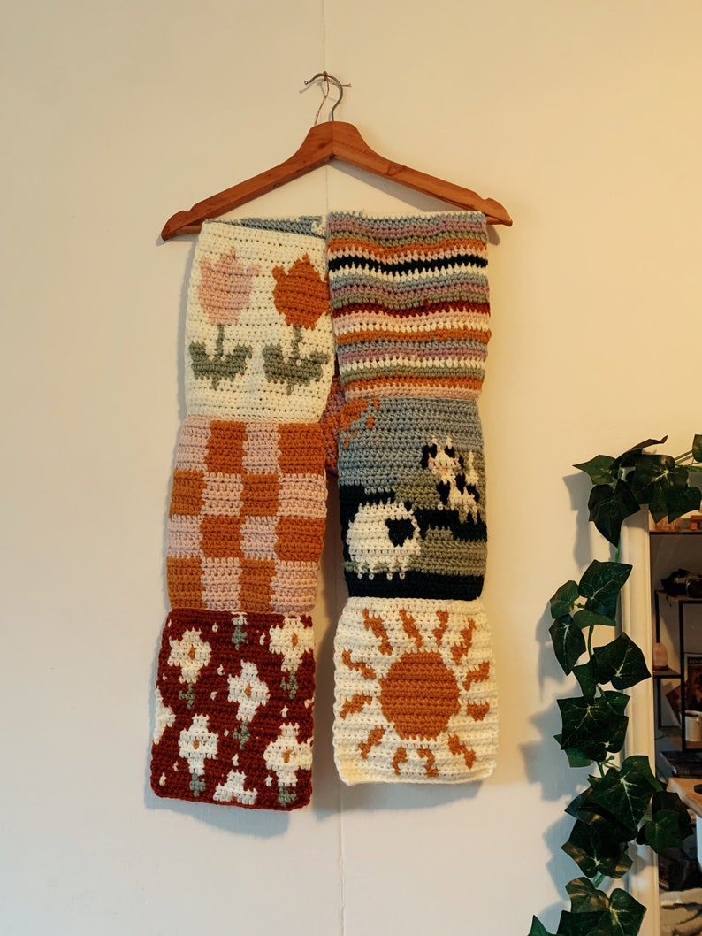 CROCHET PATTERN: Cottagecore Scarf Crochet Pattern 14 patchwork crochet square patterns, scarf, blanket, pillow Digital Download Pattern image 2