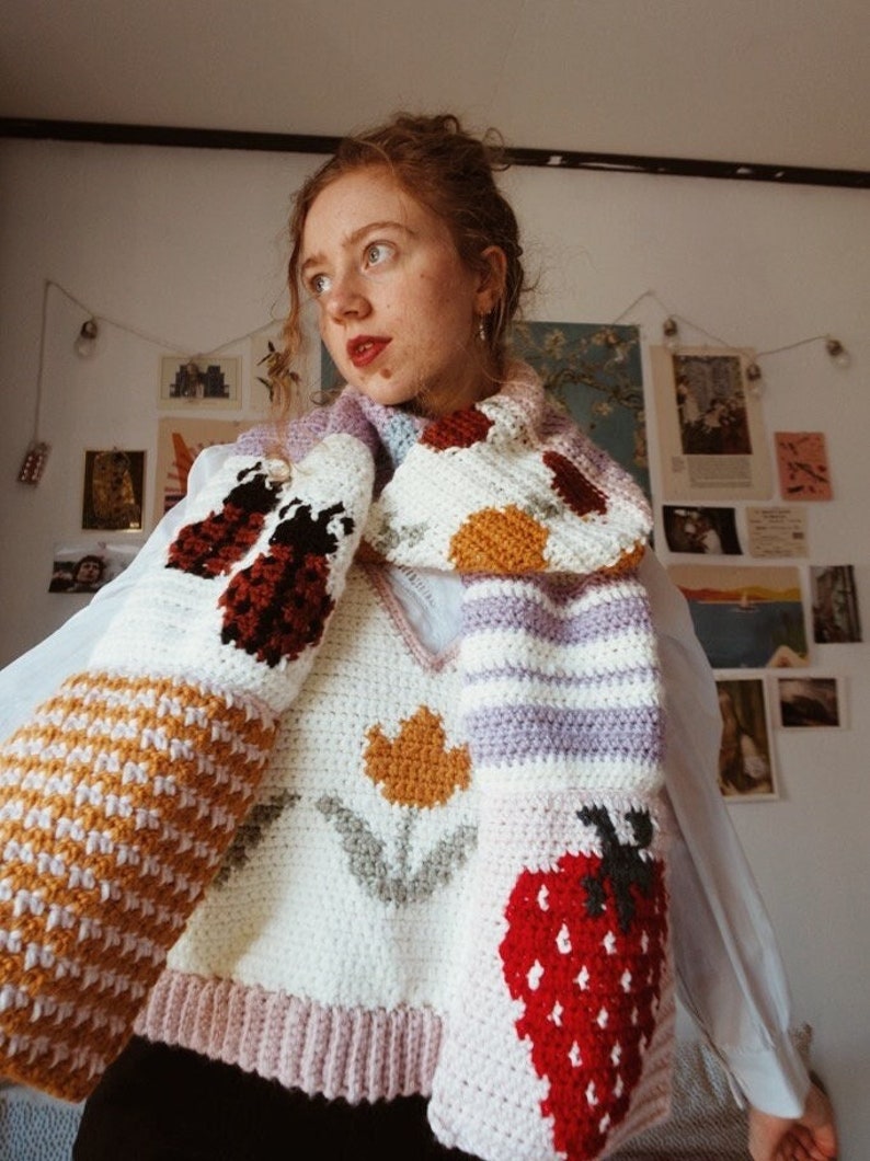 CROCHET PATTERN: Cottagecore Scarf Crochet Pattern 14 patchwork crochet square patterns, scarf, blanket, pillow Digital Download Pattern image 1