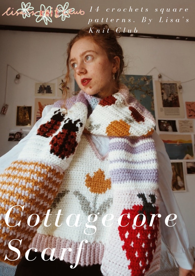 CROCHET PATTERN: Cottagecore Scarf Crochet Pattern 14 patchwork crochet square patterns, scarf, blanket, pillow Digital Download Pattern image 7