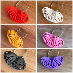 May include: A selection of keyrings in red, white, yellow, pink, black, and purple. Each keyring has a distinctive shape with a number 1 cutout and is attached to a silver ring. The keyrings are arranged in a fan-like pattern.