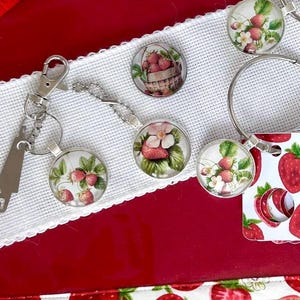 Needle minder, scissor fob, zip pull, floss loop with or without drops matches/compliments light strawberries WIP bag