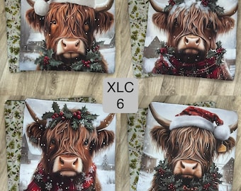 XL Cross stitch or craft Project Bag: Christmas highland cow Design, Padded & Lined