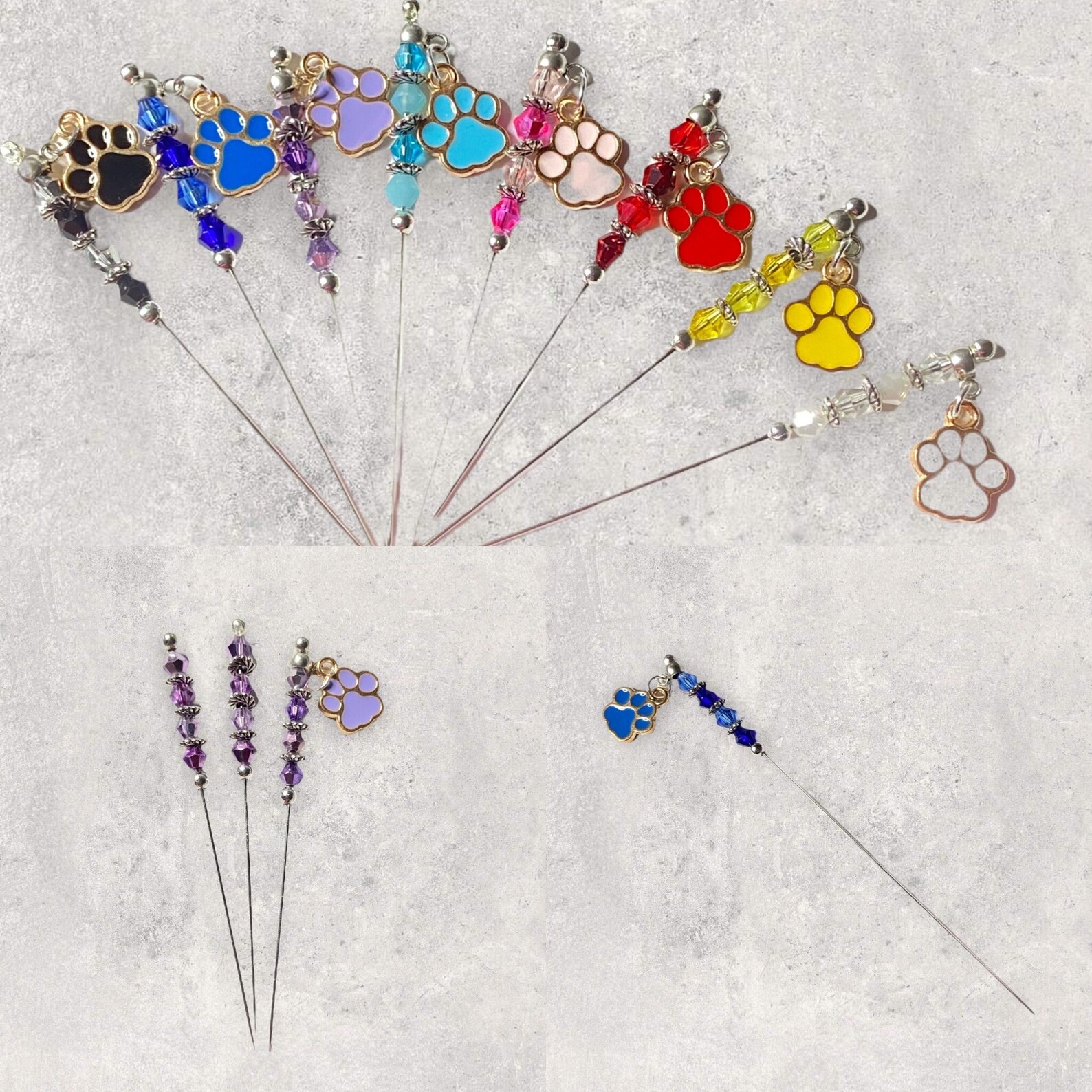 Set of Crystal, Silver & Paw Print Charm Pins or Tail Tuckers - Etsy