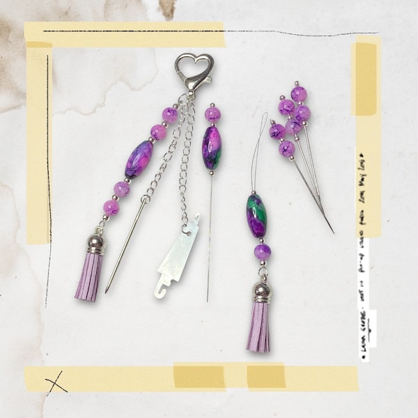 Purple scissor fob, new style needle threader, 7cm pins & 10cm tail tucker Set