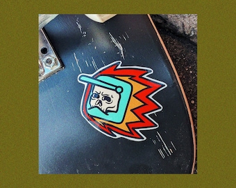 Mountain Biker Skull | MTB vinyl Sticker | Cycling Sticker | Skull Sticker | Flames | Downhill Sticker | Stationary | Mountain Biking Helmet