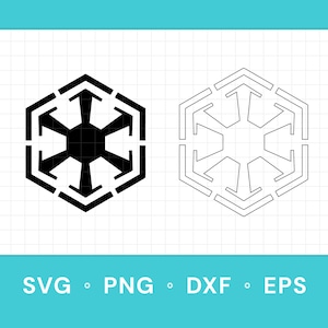 Peut inclure: Un graphique numérique présentant deux versions d'un emblème hexagonal avec un motif d'étoile à six branches au centre. Une version est une silhouette noire pleine, l'autre est un contour noir fin. Le texte SVG, PNG, DXF et EPS est en dessous.