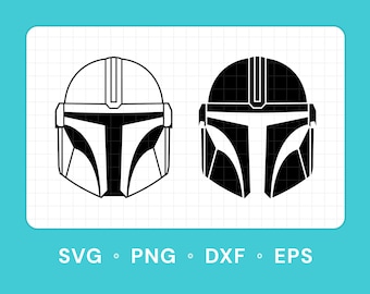 May include: Two Mandalorian helmet designs, one outlined and one solid black, are displayed on a white background with a grid pattern. The text "SVG • PNG • DXF • EPS" is at the bottom, indicating file formats.