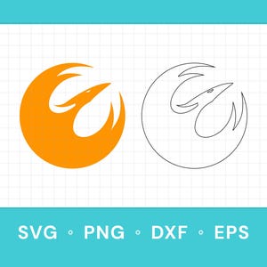 Könnte beinhalten: Zwei Versionen eines stilisierten Vogel-Emblems, eine in Orange und die andere als Umriss, werden auf weißem Hintergrund mit einem Rastermuster angezeigt. Der Text "SVG • PNG • DXF • EPS" befindet sich unten und gibt Dateiformate an.