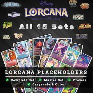 May include: A collection of Disney Lorcana trading cards featuring 15 set logos including Shimmering Skies, Rise of the Floodborn, and Ursula's Return. The image displays various colorful character cards and text reading Lorcana Placeholders.