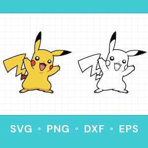 May include: A yellow Pikachu character illustration with red cheeks and a lightning bolt tail. The image includes a black and white outline version of the same character. Text at the bottom reads: SVG • PNG • DXF • EPS.