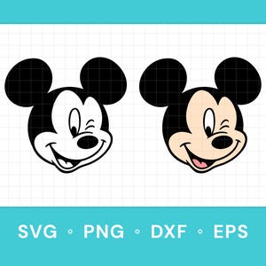 Puede incluir: Dos diseños de cabeza de Mickey Mouse guiñando un ojo. Uno es un contorno en blanco y negro, y el otro está coloreado con una cara beige, lengua rosa y rasgos negros. El texto "SVG • PNG • DXF • EPS" está en la parte inferior.