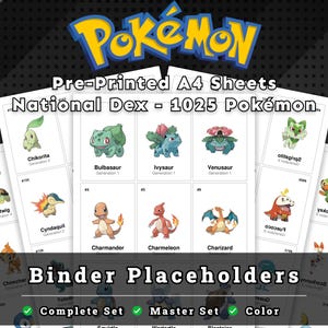 May include: A set of pre-printed A4 sheets featuring the Pokémon National Dex with 1025 Pokémon binder placeholders. Each sheet displays colourful character illustrations, names, generation numbers, and index numbers in a grid layout.