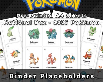 Pokemon National Dex Binder Placeholders | All 1025 Pokemon Gen 1-9 | Pre Printed A4 Sheets | Complete Pokedex