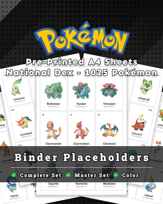 Pokemon National Dex Binder Placeholders | All 1025 Pokemon Gen 1-9 | Pre Printed A4 Sheets | Complete Pokedex