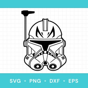 May include: A black and white line art graphic of a clone trooper helmet featuring a T-shaped visor, a vertical antenna on the left side, and stylized markings on the forehead. The text SVG, PNG, DXF, and EPS is printed at the bottom.