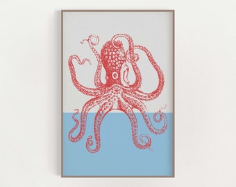 Red Octopus Print - Octopus Art - Bathroom Art Print - Modern Bathroom Art -  Sea Creature - Coastal Nautical - Beach Wall Art - Beach House